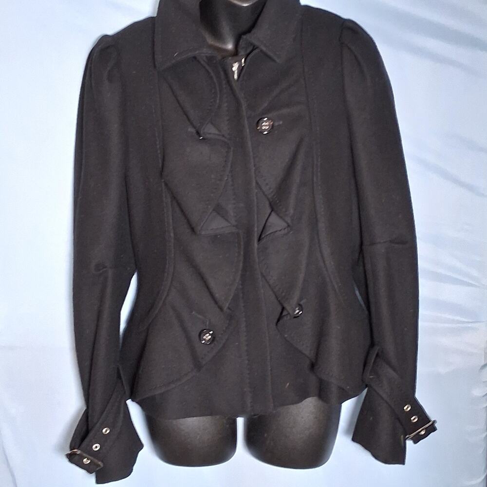 BCBGMaxAzria Wool/Cashmere Women's Black Button-Up Jacket with Puffed Sleeves
